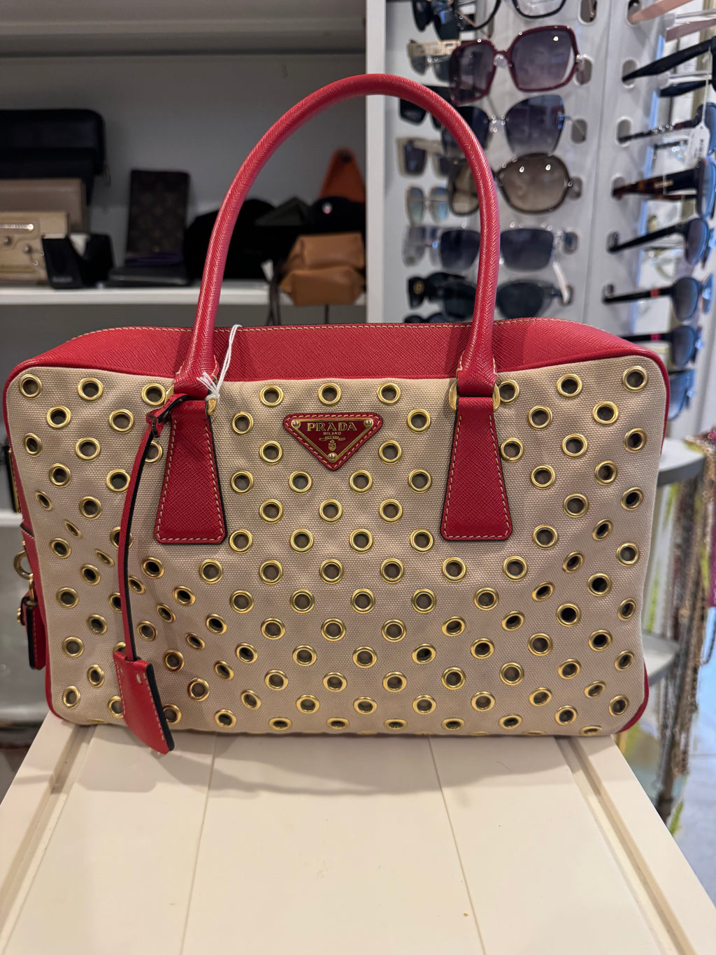 Prada Limited Edition Gold Studded Tessuto Top-Handle Bag