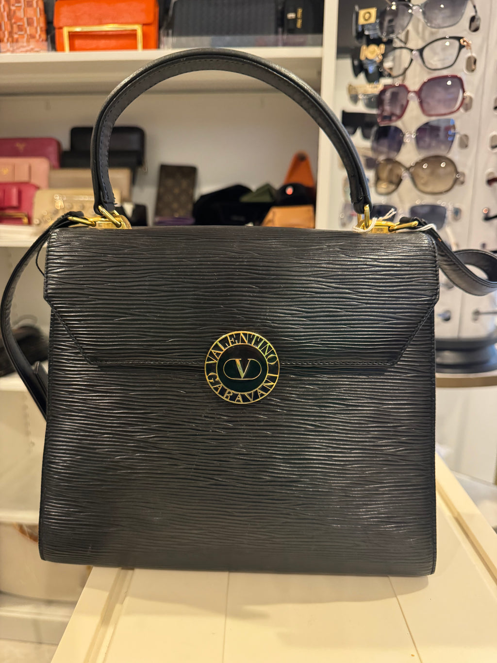 Vintage Valentino Garavani Black Leather Shoulder Bag with Gold Accents
