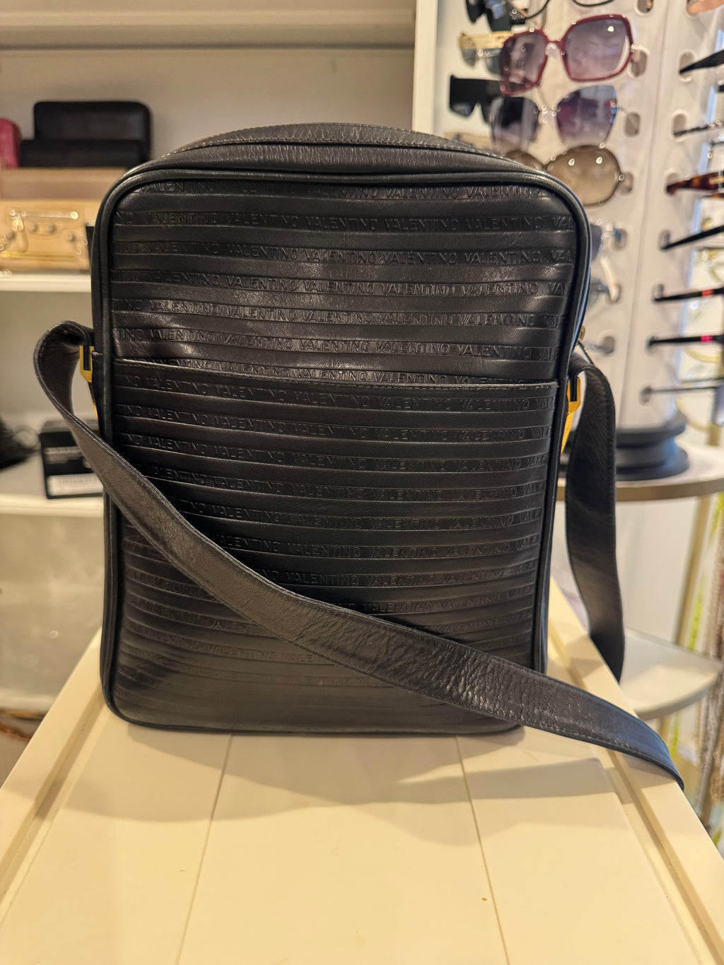 Mario Valentino Black Leather Logo-Embossed Shoulder Bag