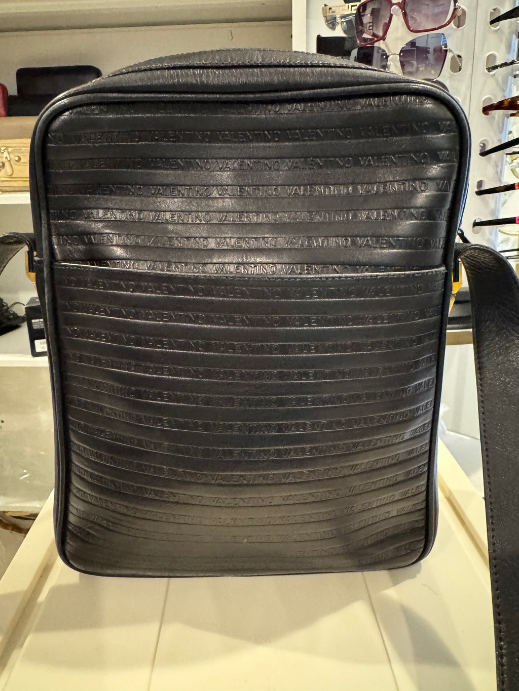 Mario Valentino Black Leather Logo-Embossed Shoulder Bag