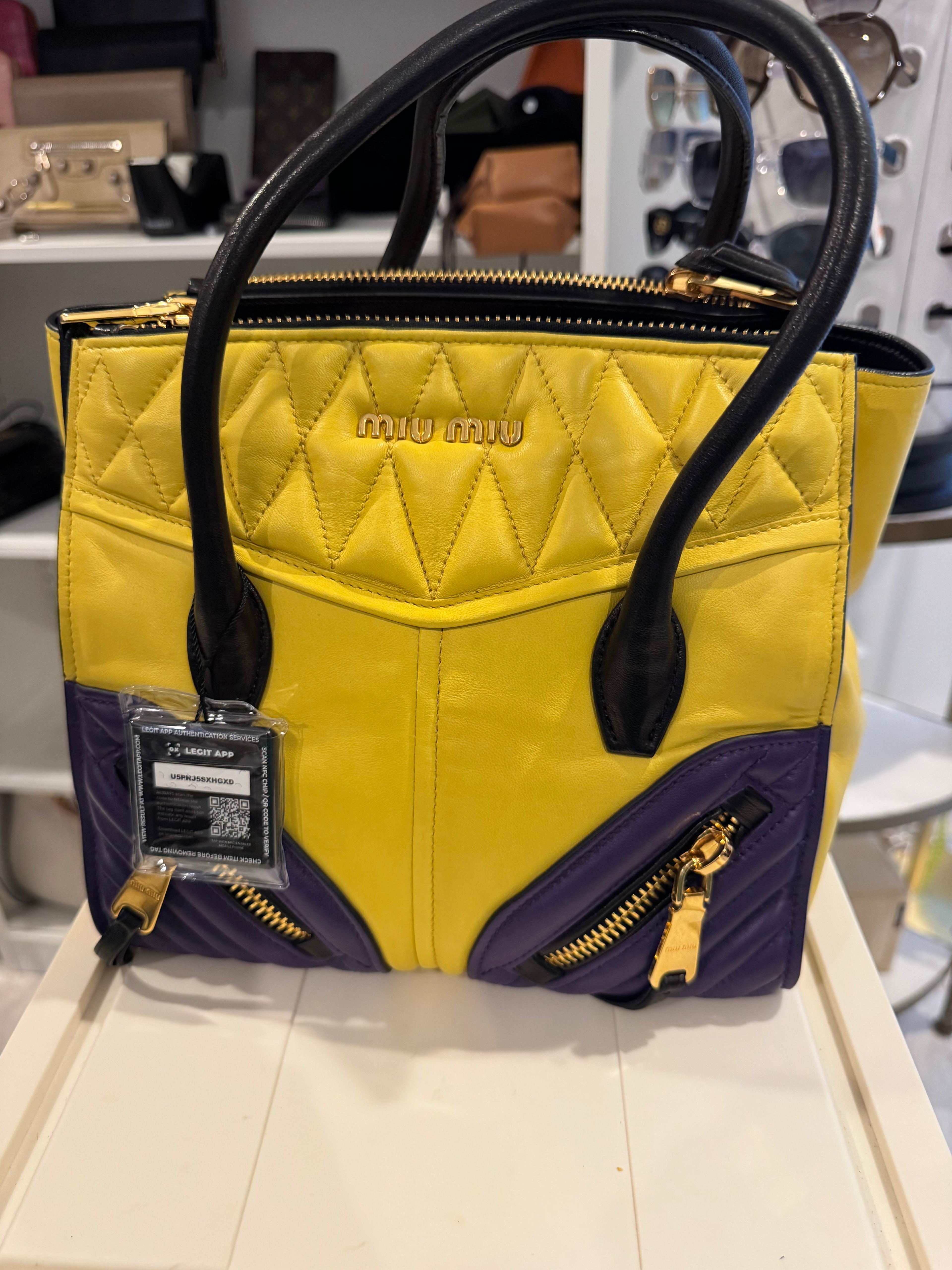 Miu Miu Biker Nappa Leather Satchel – Yellow & Purple with Black Handles