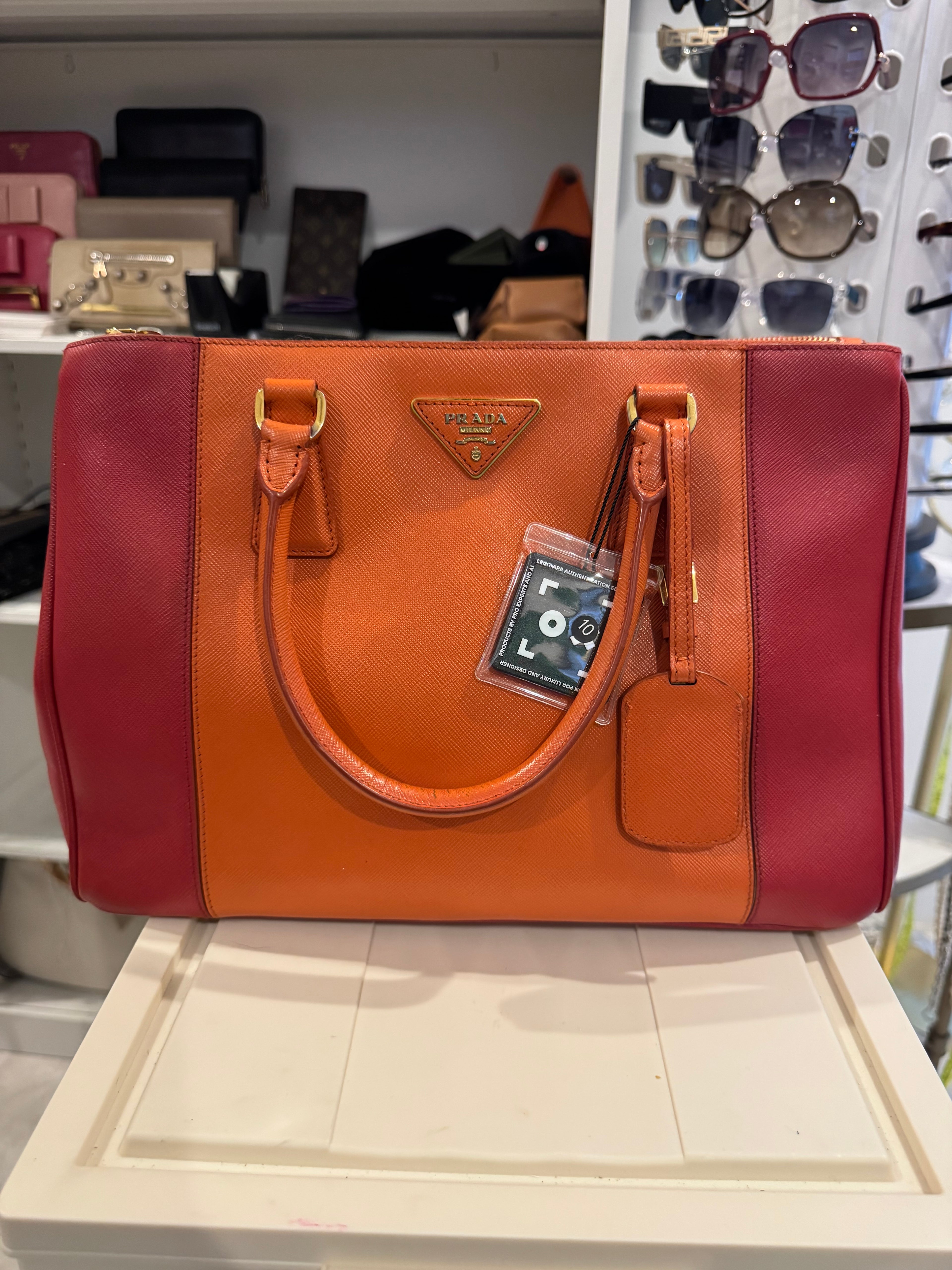 Prada Medium Galleria Saffiano Lux Double-Zip Tote – Two-Tone Orange & Red Leather