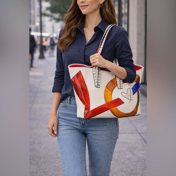 Christian Louboutin Cabata Tote Bag – White Calfskin & Vinyl “Love” Graphic