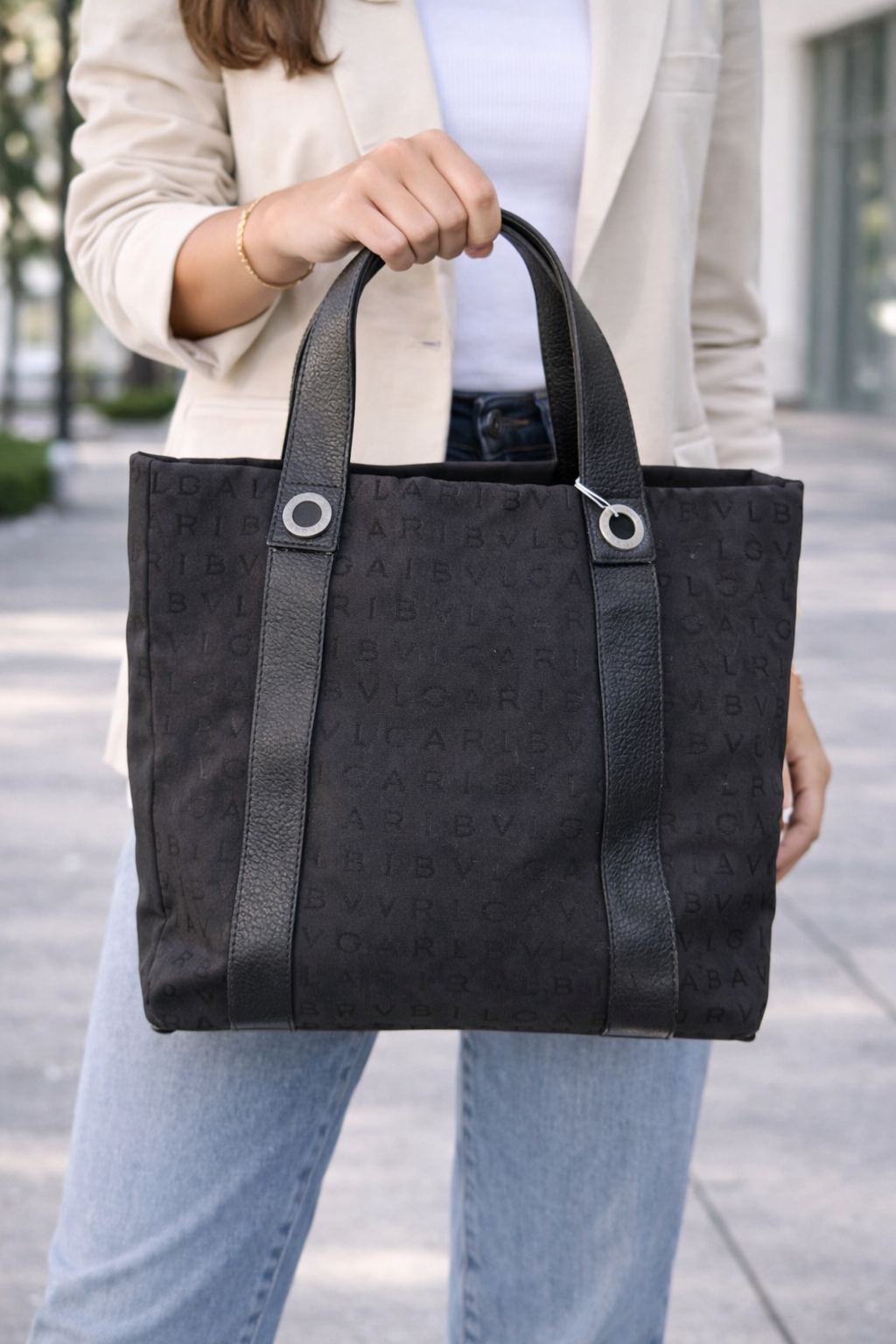 BVLGARI Black Logo Jacquard Tote with Leather Trim