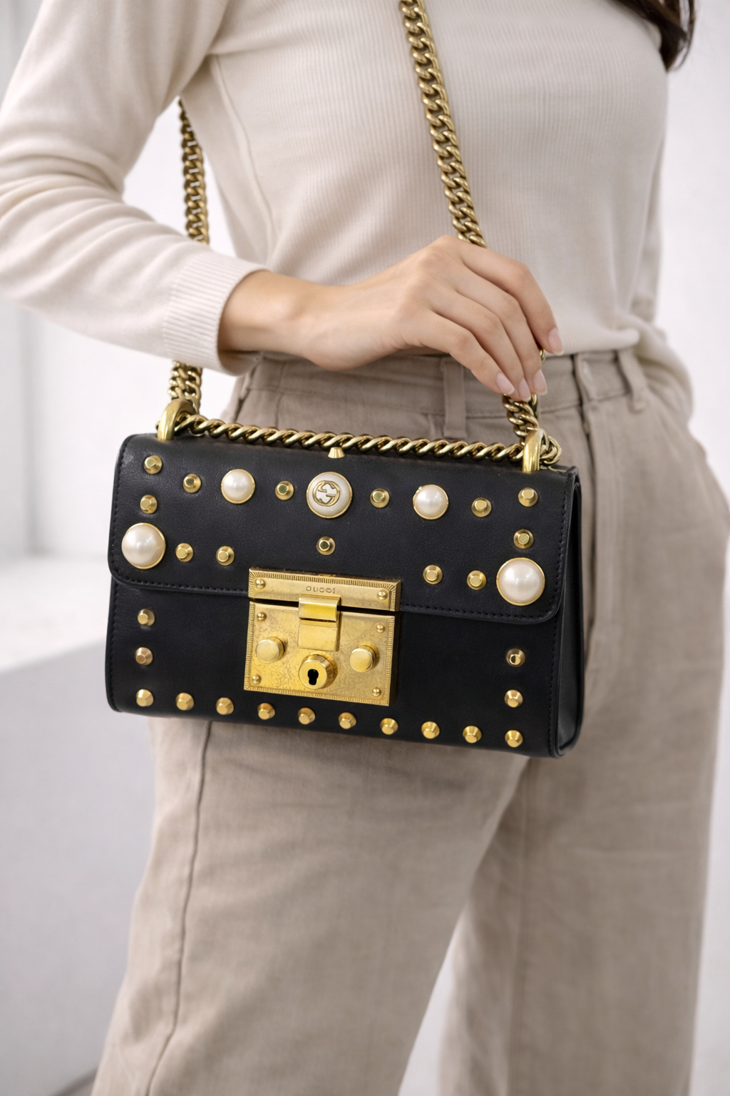 Gucci Calfskin Studded Small Padlock Shoulder Bag – Black Leather with Gold & Faux Pearl Accents