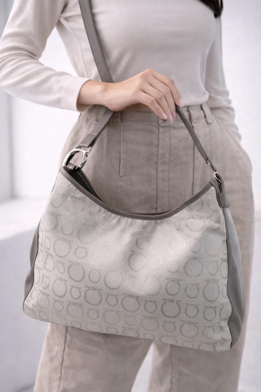 Salvatore Ferragamo Gancini-Print Canvas & Leather Shoulder Bag – Light Grey