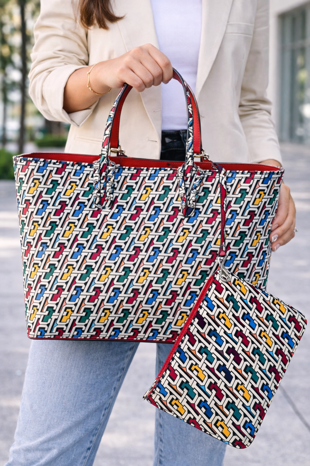 Christian Louboutin Multicolor Logo Print Cabata Tote with Pouch