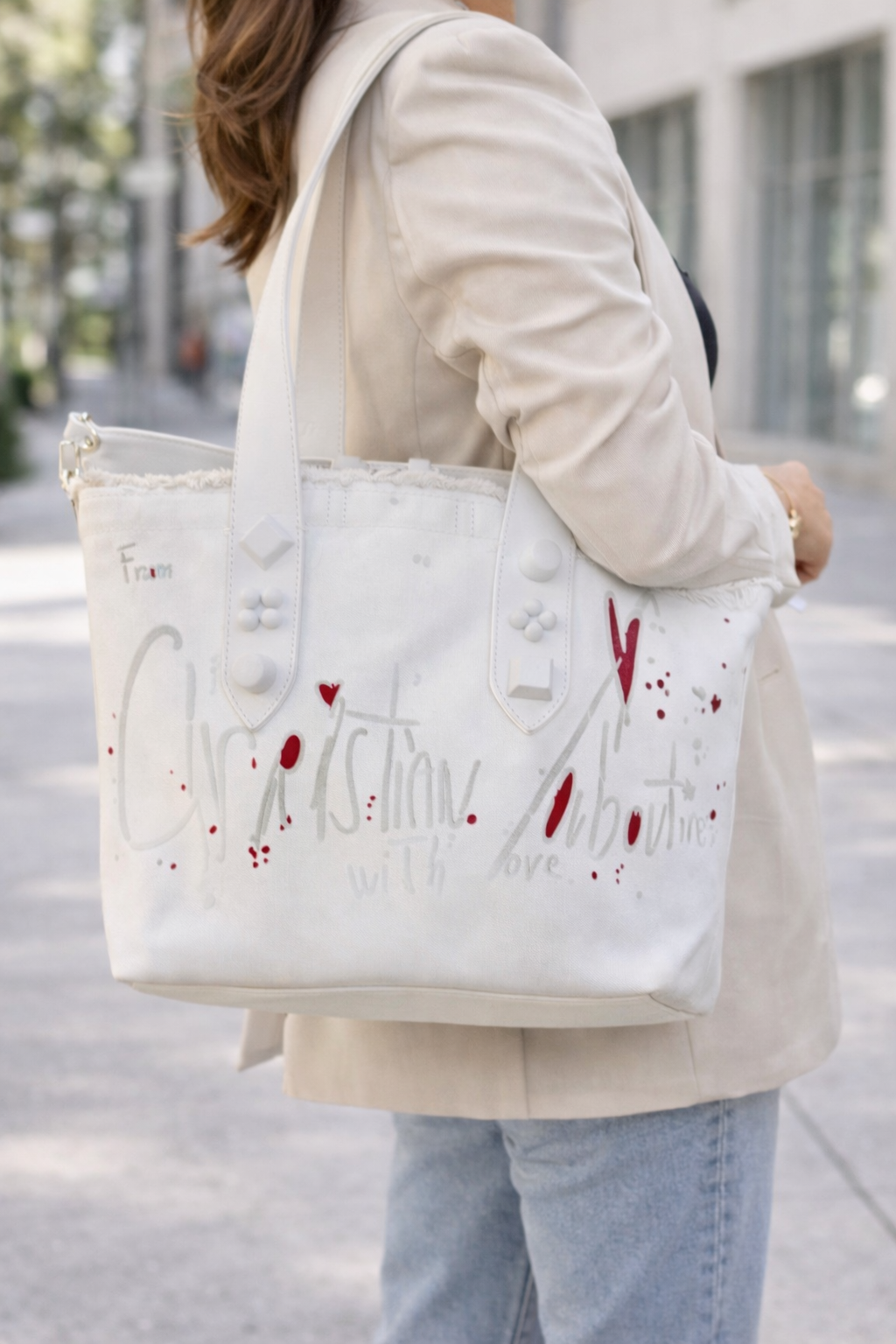 Christian Louboutin Cabata Tote – White Canvas Graffiti “It’s Time With Love”