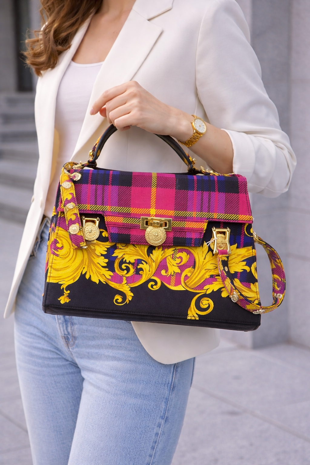 Vintage Gianni Versace Couture Baroque Plaid Canvas Top Handle Bag – Gold Medusa Hardware