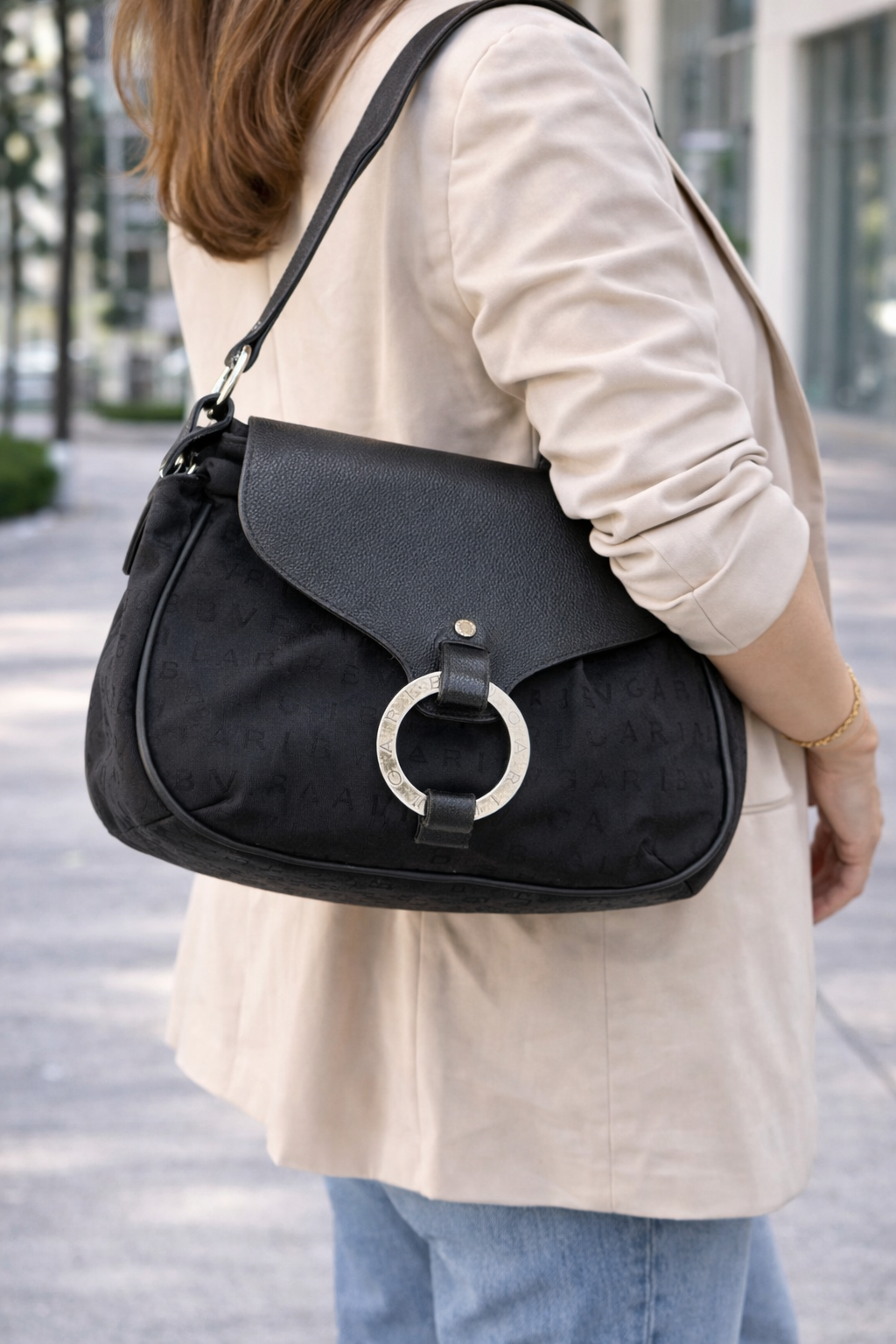 Bulgari Black Logo Jacquard Leather Shoulder Bag