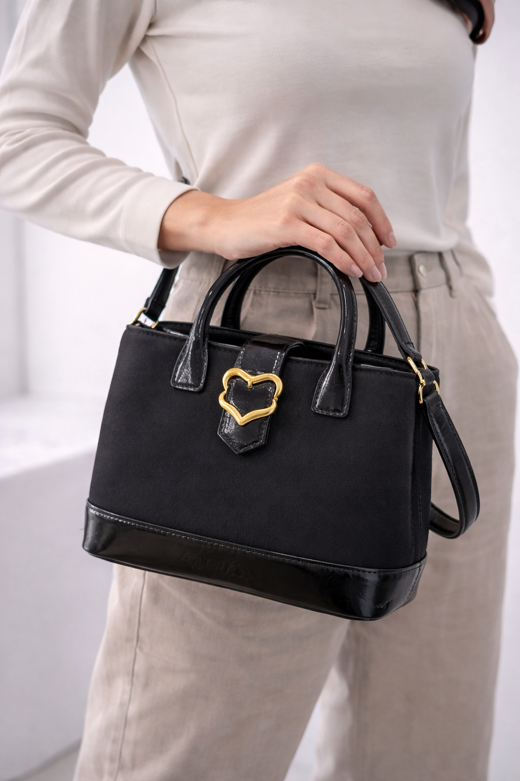 YSL Black Canvas & Patent Leather Mini Tote Handbag with Gold Heart Buckle