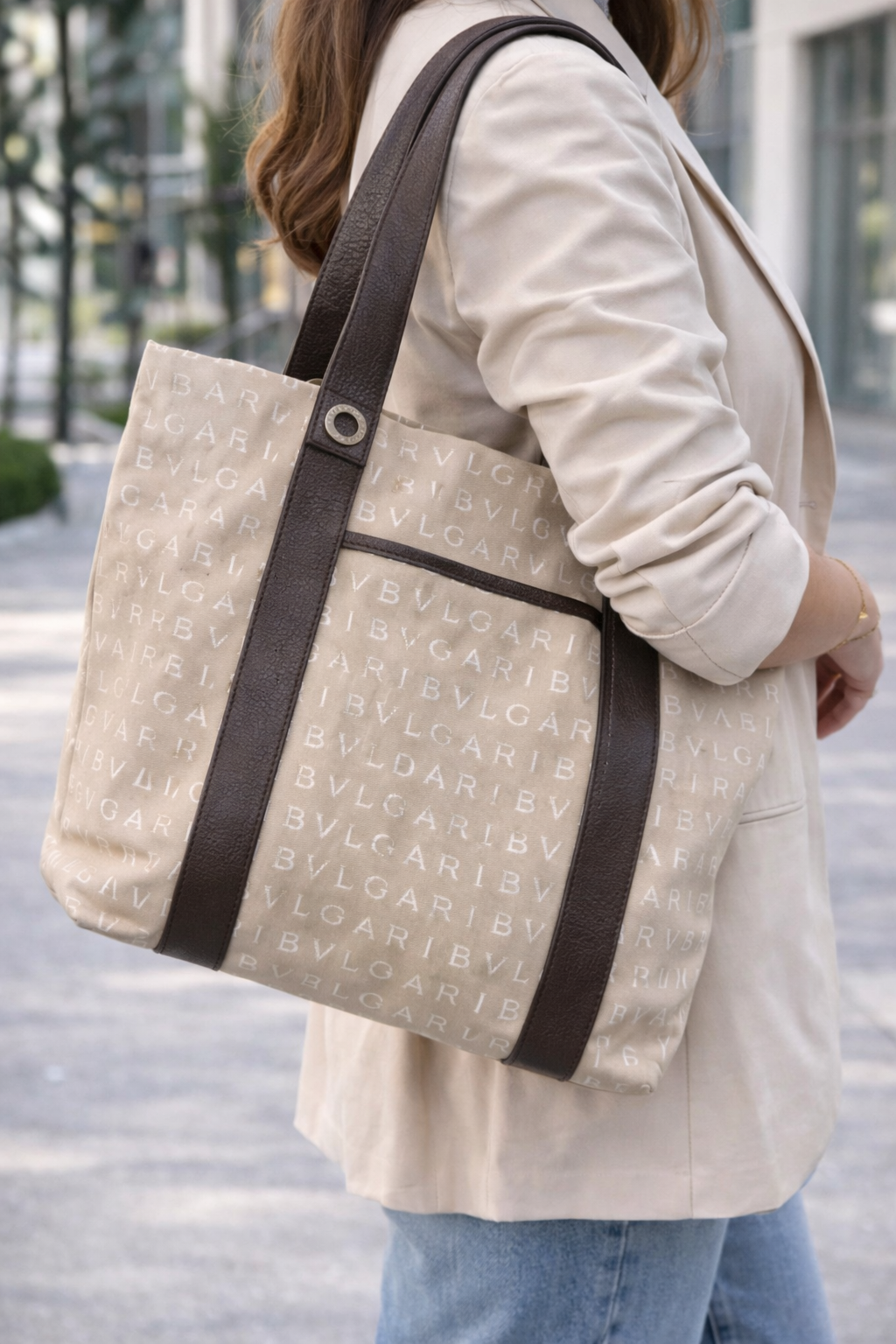 Bulgari BVLGARI Logo Canvas Tote Bag – Beige & Brown Leather – Italy