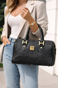 MCM Black Visetos Boston Satchel Bag Leather Trim Gold Hardware