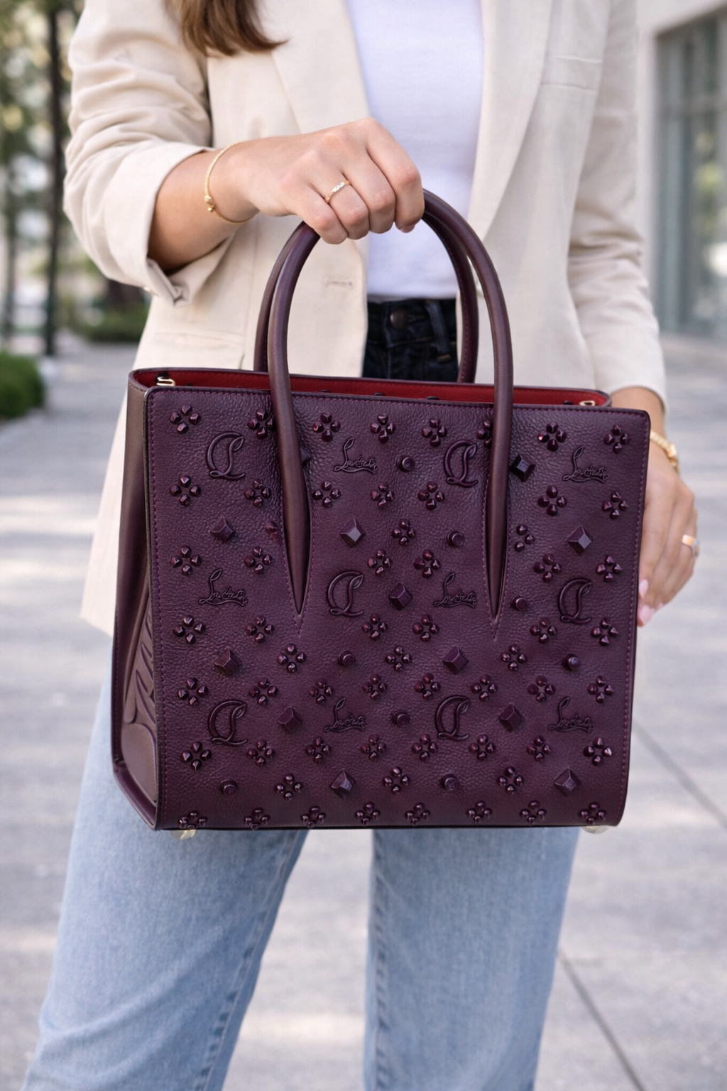 Christian Louboutin Paloma Medium Studded Tote – Burgundy Leather